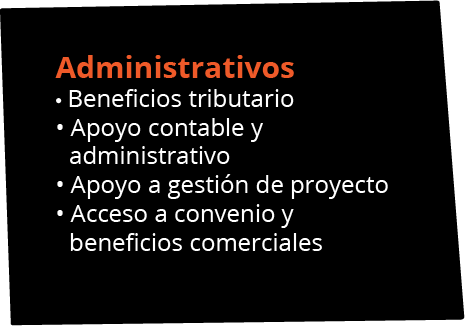 Administrativos • Beneficios tributario • Apoyo contable y administrativo • Apoyo a gestión de proyecto • Acceso a convenio y beneficios comerciales